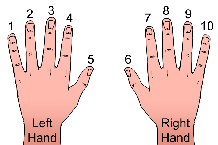 Hold your hands out with palms on the desk and put a number next to each finger from left to right